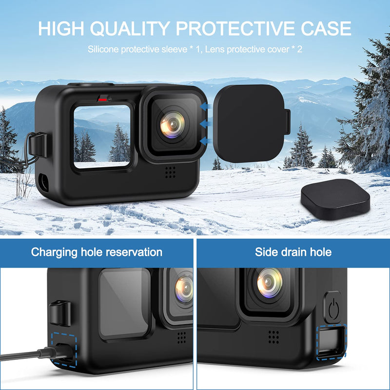 Accessories Kit for GoPro Hero 10/GoPro Hero 9 Black, Silicone Sleeve Case with Lanyard+ 6PCS Tempered Glass Screen Lens Protector + Lens Cover Cap + Replacement Side Door for GoPro hero10/ hero9