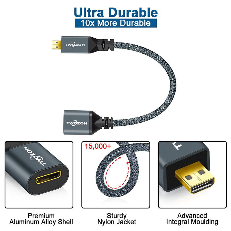 Twozoh Micro HDMI Male to Mini HDMI Female Adapter Cable, Micro HDMI D Type Male to Mini HDMI C Type Female Extension Cable 4K/1080P (20CM/0.6FT) Micro Male to Mini Female