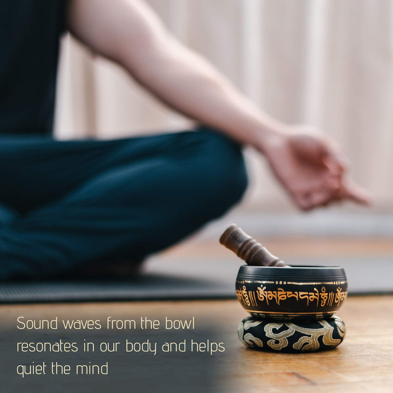 Tibetan Singing Bowl Set ~ Easy to Play with Fabric Case, Cushion, and Mallet ~ Handcrafted in Nepal for Meditation, Yoga, Spiritual Healing and Mindfulness Black