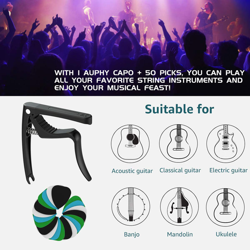 Guitar capo and 3 replaceable heads, respectively suitable for classical, folk and electric guitars, with 50 selected guitar picks(black) AUPHY