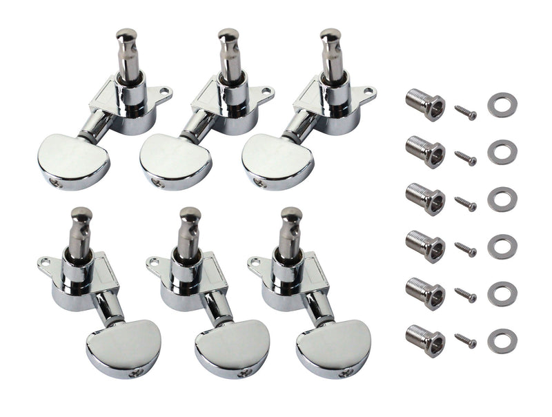 YMC TP20 Series 6 Pieces Guitar Parts 3 Left 3 Right Machine Heads Knobs Guitar String Tuning Pegs Machine Head Tuners for Electric or Acoustic Guitar With 2pcs Strap Locks,Chrome Chrome