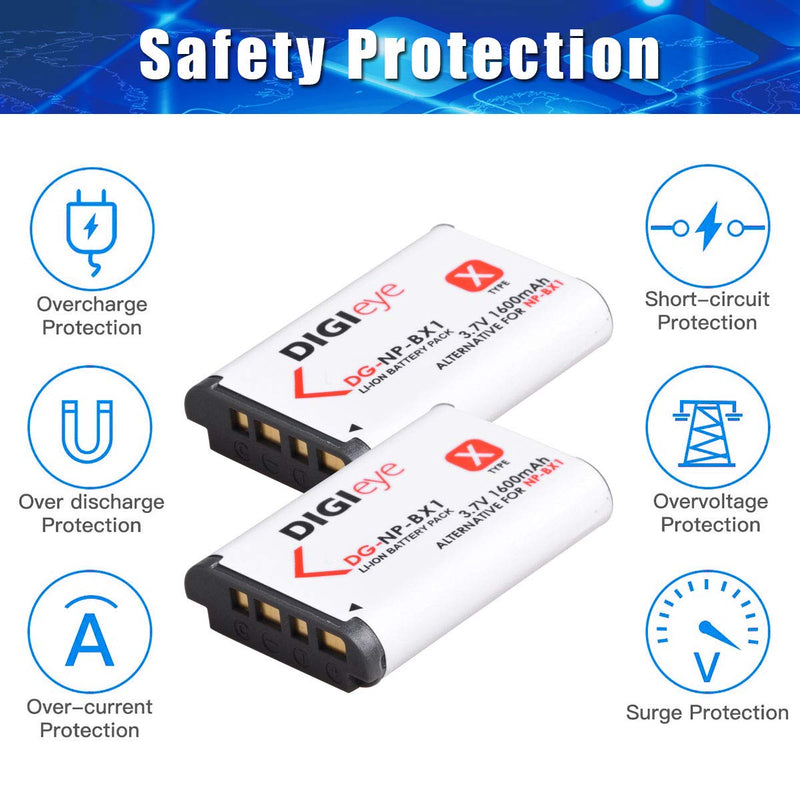 DIGIeye NP-BX1 1600 mAh Battery (2-Pack) and LCD Dual USB Charger for Sony NP-BX1/M8, Cyber-Shot DSC-HX80, HX90V, HX95, HX99, HX350, RX1, RX1R II, RX100 (II/III/IV/V/VA/VI), FDR-X3000, HDR-AS50, AS300