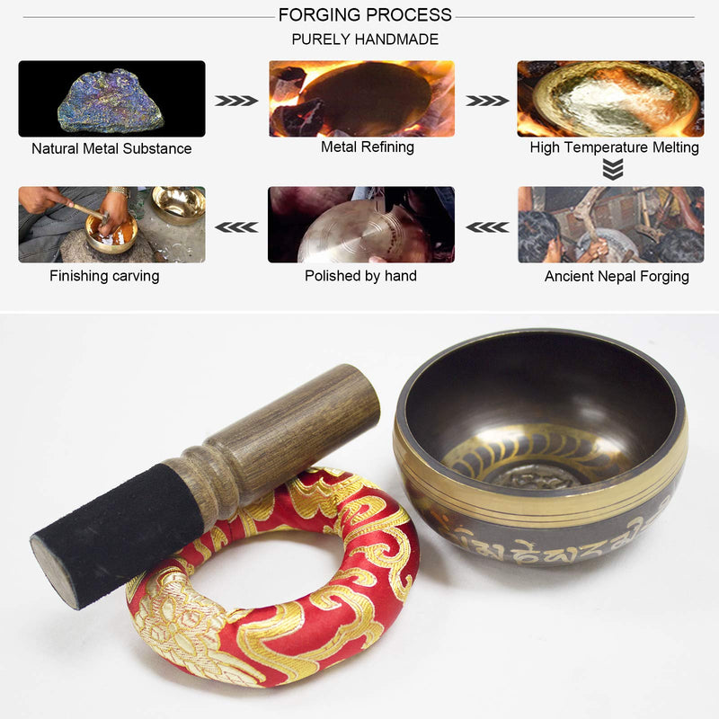 Tibetan Singing Bowl Set ~ For Meditation, Chakra Healing, Yoga, Zen Garden, Beginner, Prayer and Mindfulness ~Sound Bell Perfect Gift Beautiful Tone Antique Design 4 inch~ With Mallet & Cushion 4''