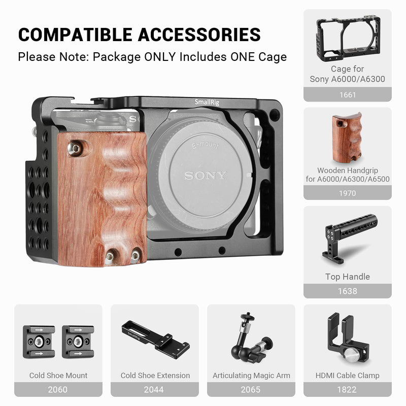 SMALLRIG Camera A6300 Cage for Sony A6000 / A6300 with Wooden Handle Handgrip - 2082