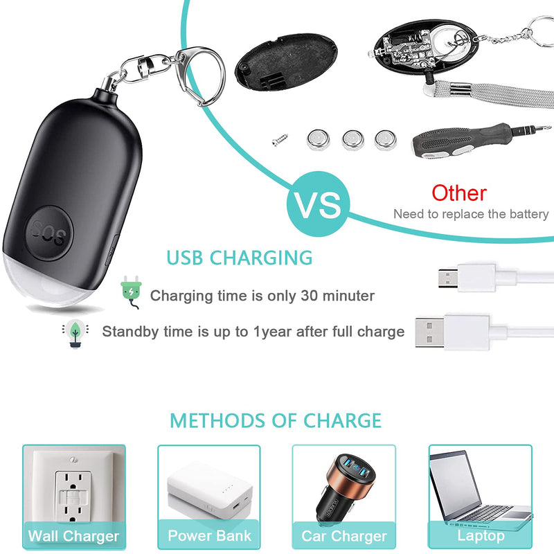 Safe Sound Personal Alarm - 130dB USB Rechargeable Keychain Alarm Self Defense Security Alarm with Mini Emergency LED Light for Women Kids Elderly Black