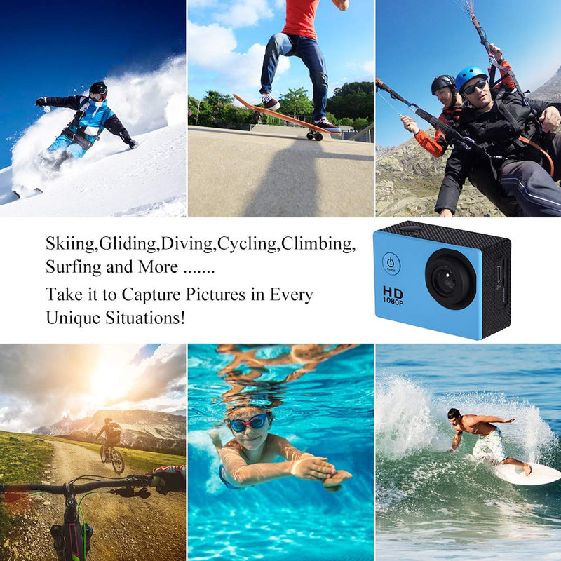 fosa Action Camera Waterproof Outdoor Sports Cam with Waterproof Housing Case, Cycling Sports Mini DV Camcorder Build in Rechargeable Batteries with Mounting Accessories Kits(Blue) Blue