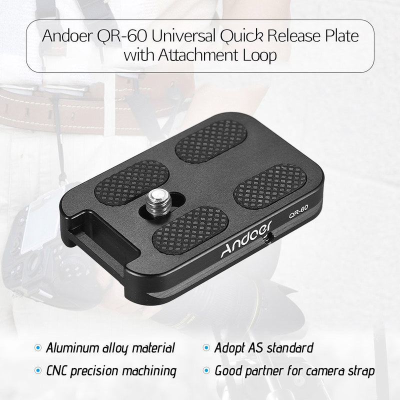 Andoer QR-60 Universal Quick Release Plate Aluminum Alloy 1/4" Screw Mount with Attachment Loop for Arca-Swiss Standard Ball Head Tripod for Canon Nikon Sony DSLR Camera