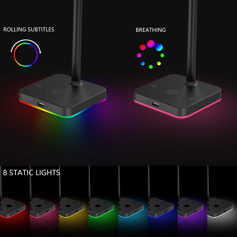 RGB Headphone Stand with USB Hub KAFRI Desk Gaming Headset Holder Hanger Rack with 1 USB2.0 Extension Charging Port Extender Cord - Suitable for Gamer Desktop Table Game Earphone Accessories