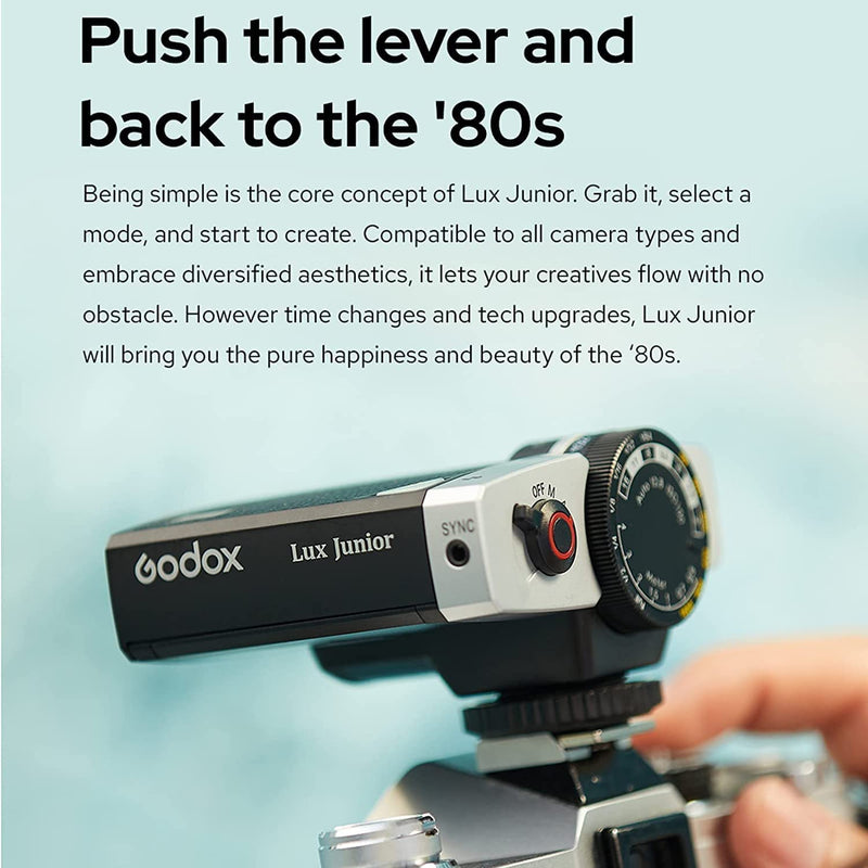 Godox Camera Flash Lux Junior Retro-Style, 6000K±200K GN12 Auto & Manual Modes 1/1-1/64, Godox Flash Compatible with Canon Nikon Sony Fuji Olympus Hot-Shoe Camera & Digital Camera
