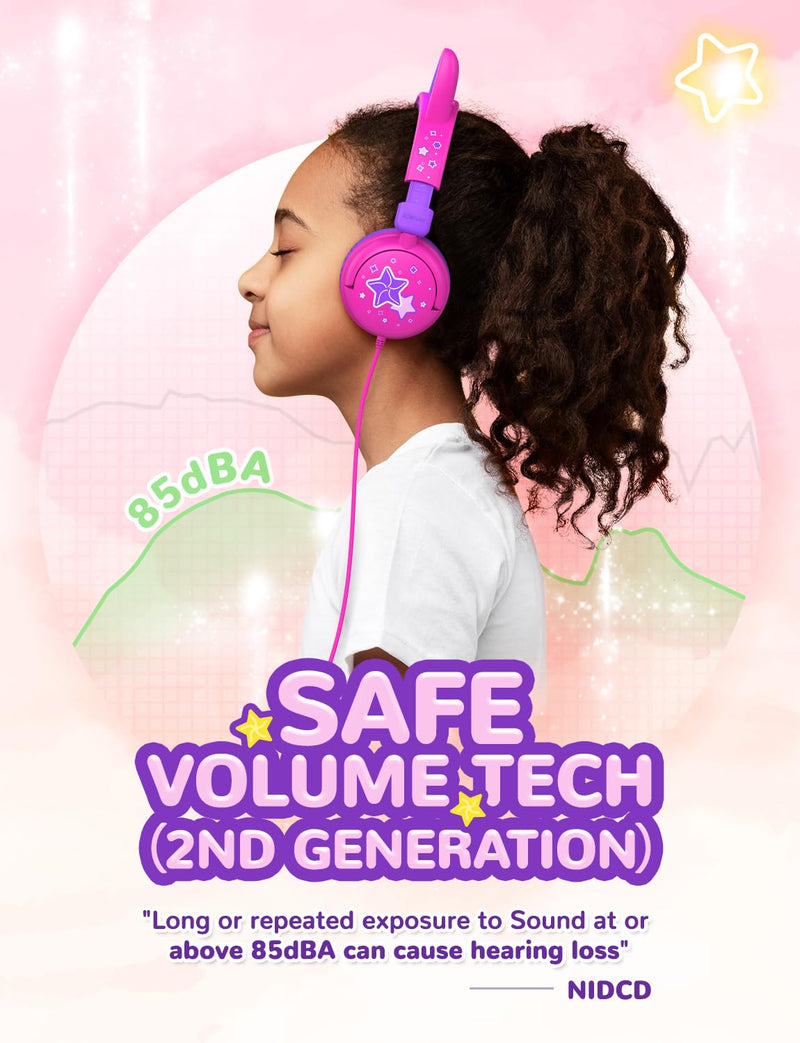 [AUSTRALIA] - iClever Kids Headphones Cat Ear, LED Light Up, 85dBA Safe Volume, Stereo Sound Toddler Headphones for Travel School, Foldable 3.5mm Wired Kids Headphones for iPad Tablets, Meow Lollipop-Hot Pink Hot Pink 