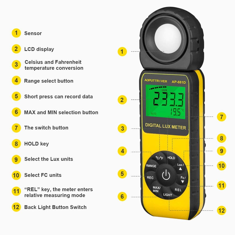 Light Meters 881D Digital Illuminance Meter Ambient Temperature Measurer with Range up to 400,000 Lux Luxmeter, Rotatable Head for 270 Degrees, Display 3999, Data Hold, Back Light, Data storag AP881D(0.01~400,000 Lux)