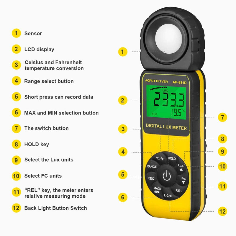 [AUSTRALIA] - Light Meters 881D Digital Illuminance Meter Ambient Temperature Measurer with Range up to 400,000 Lux Luxmeter, Rotatable Head for 270 Degrees, Display 3999, Data Hold, Back Light, Data storag AP881D(0.01~400,000 Lux) 