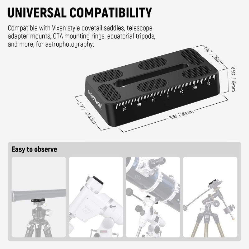 NEEWER 3.15"/80mm Rail Bar Vixen Style Dovetail Plate, Metal Mounting Plate Saddle with 1/4" 3/8" D Ring Screw for Telescope Mount Adapter Base OTA Equatorial Tripod Sky Astrophotography, QR004