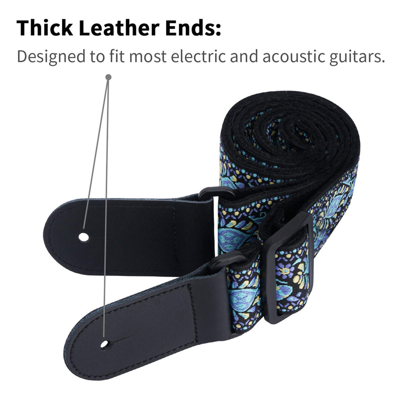 Tifanso Guitar Strap Jacquard Weave Guitar Strap with Genuine Leather Ends - Soft Adjustable Acoustic Guitar Strap for Electric Bass, Come With Strap Button, 1 Pair Strap Locks and 3 Guitar Picks Blue Jacquard Weave