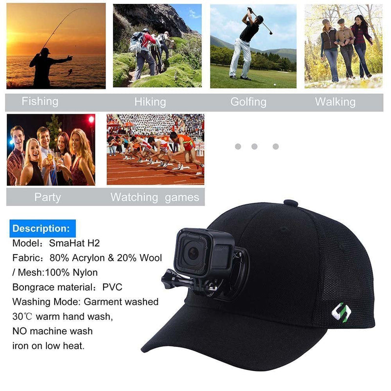 [AUSTRALIA] - Smatree Baseball Hat Mount Mesh Cap Compatible with Gopro Hero 10/9/8/7/6/5/ 5 Session/4/3+/3/2/1/DJI OSMO Action Cameras (L 58-60cm) Black 