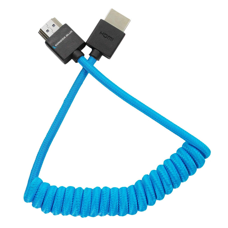 KONDOR BLUE Full HDMI Thin Short Cable | 2.0 High Speed 4K 3D HDR Nylon Braided Coiled Cable for On-Camera Film Cinema Monitors | 3840 x 2160-30Hz | 18Gbps MetaData | 12"-24" | Blue Coiled Braided | Full HDMI
