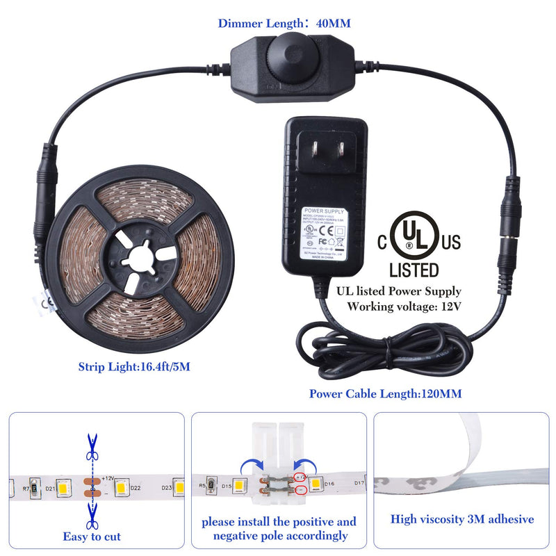 [AUSTRALIA] - GuoTonG Dimmable Waterproof LED Light Strip Kit with UL Listed Power Supply, 180 Units SMD 2835 LEDs, 3000K Warm White 12V LED Tape, Led Ribbon, 9.8ft/3m Lighting Strips 