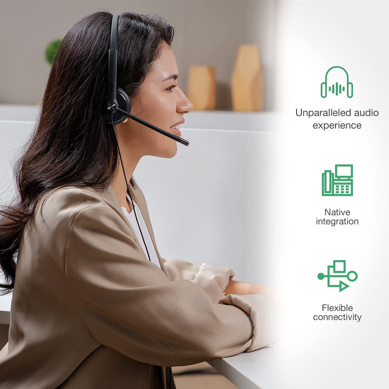 Yealink Phone Headsets for Office Phones YHS34 Lite QD to RJ9 Wired Headset Compatible with Poly Avaya Snom Grandstream Phones Desk Landline Headset with Microphone -Dual/111g/2.1m Cable Foamy Ear Cushions - Dual