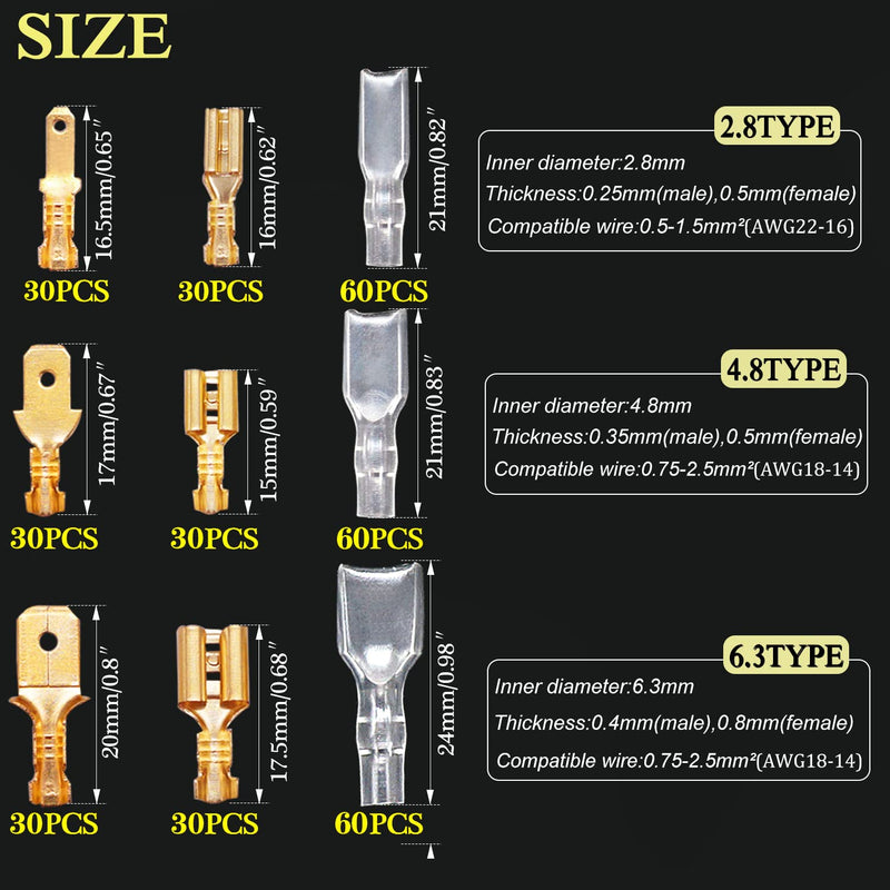 Twidec/360Pcs 2.8/4.8/6.3mm Quick Splice Male and Female Wire Spade Connector Crimp Terminal Block Assortment Kit Golden with Insulating Sleeve for Electrical Wiring Car Audio Speaker N-002 360PCS