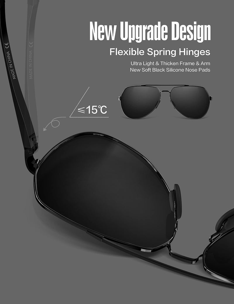LUENX Aviator Sunglasses for Men Women Polarized New Shades Large Metal Frame - UV 400 Protection 04-all Black 60 Millimeters