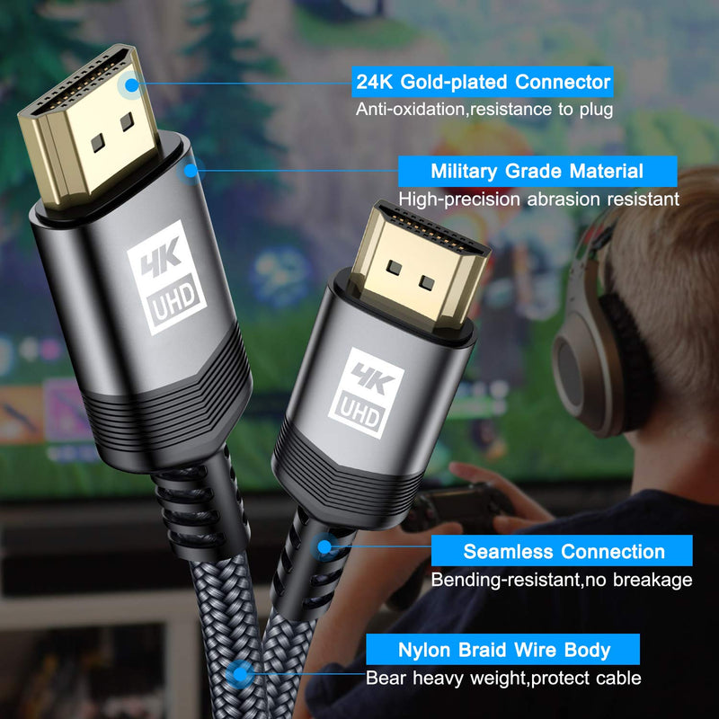 4K HDMI Cable 10ft,Sweguard HDMI 2.0 Cable High Speed 18Gbps Gold Plated Nylon Braid HDMI Cord Supports 4K@60Hz,2K@144Hz,3D,HDR,UHD 2160P,1440P,1080P,HDCP 2.2,ARC for Apple TV,Fire TV,PS4,PS3,PC-Grey Grey