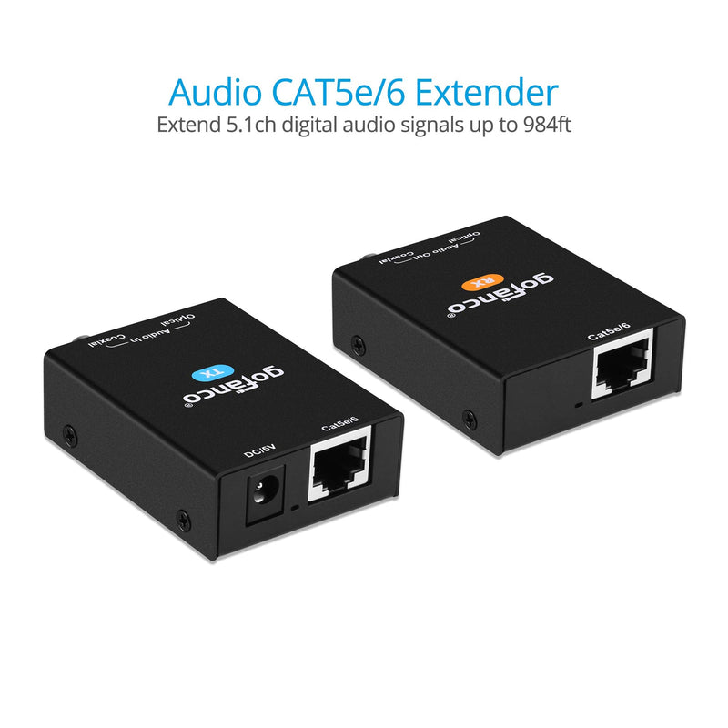 gofanco Audio Extender Over CAT5e / CAT6 Ethernet Balun – Coaxial/Optical Toslink Digital, 984ft (300m) Extension, PoC, 5.1-Channel, Supports Dolby Digital 5.1, DTS 5.1, DTS-HD, PCM (AudioCATExt) 984ft 5.1-Channel