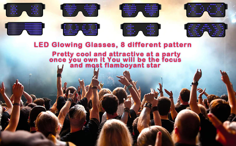 AINSKO Fancy LED Light Glasses Dynamic Flash Display Pattern Glasses USB Rechargeable for Festival, Party, Raves, Fun, Parties, Costumes, Bars, Rave, Nightclub Club Wireless LED Display Glasses Blue