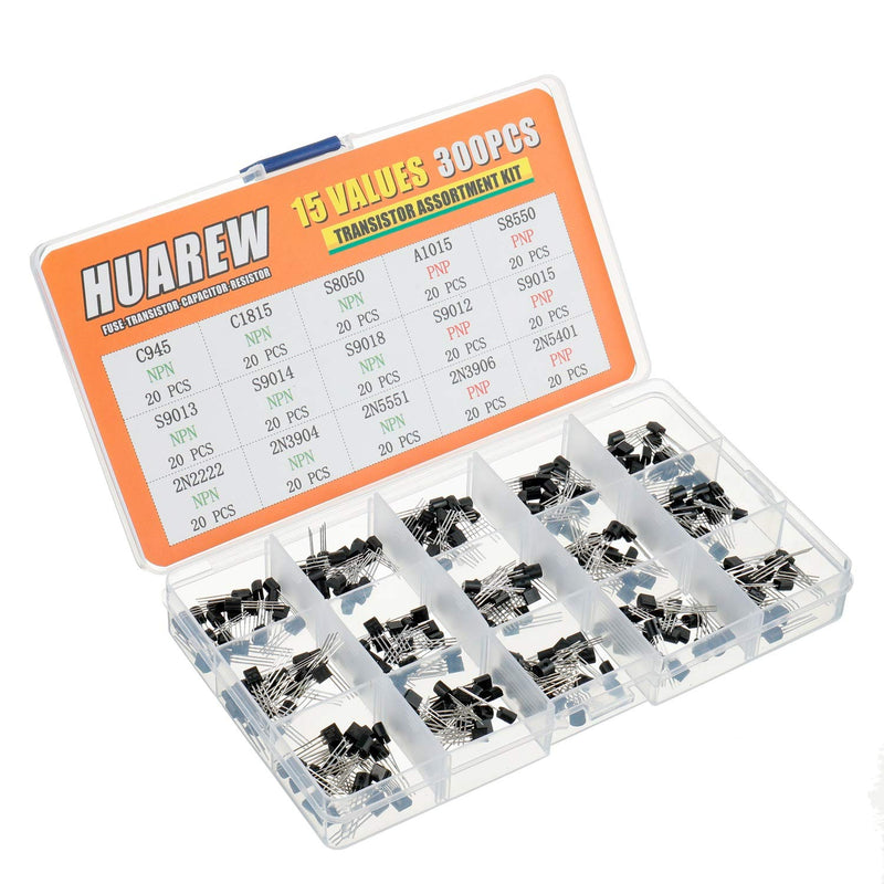 HUAREW 15 Values 300 Pcs Transistors NPN C945 C1815 S8050 S9013 S9014 S9018 2N2222 2N3904 2N5551 PNP A1015 S8550 S9012 S9015 2N3906 2N5401 BJT Bipolar Junction Transistor Assortment Kit