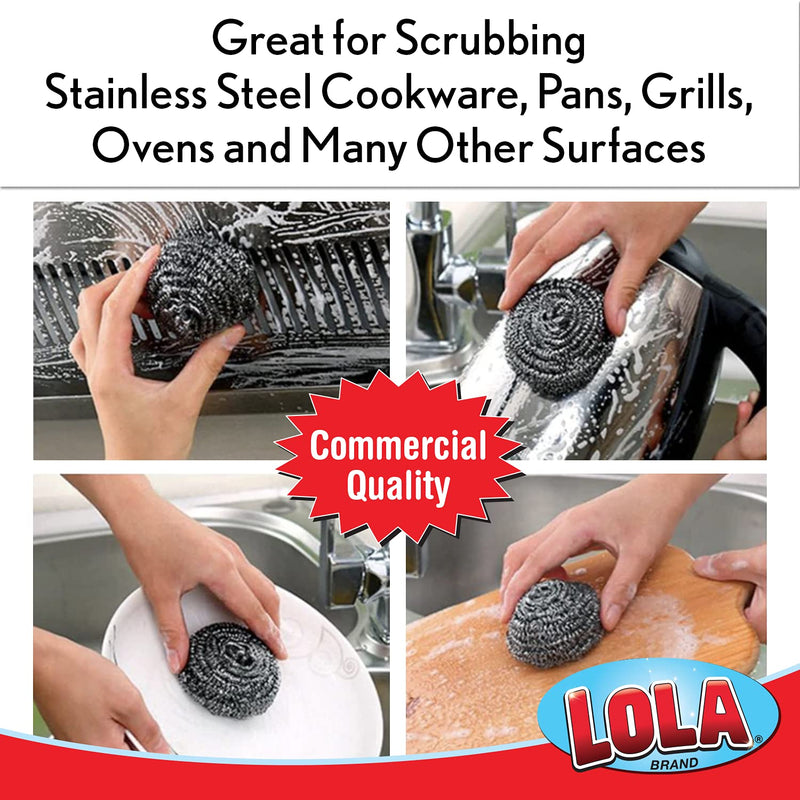 Lola Products Jumbo Stainless Steel Scourer | Stainless Steel Curled Flat Wire | Odor Free And Rust Proof | Cleans Caked On & Baked On Messes | Engineered To Clean & Scour Stainless Steel - 12 Pack