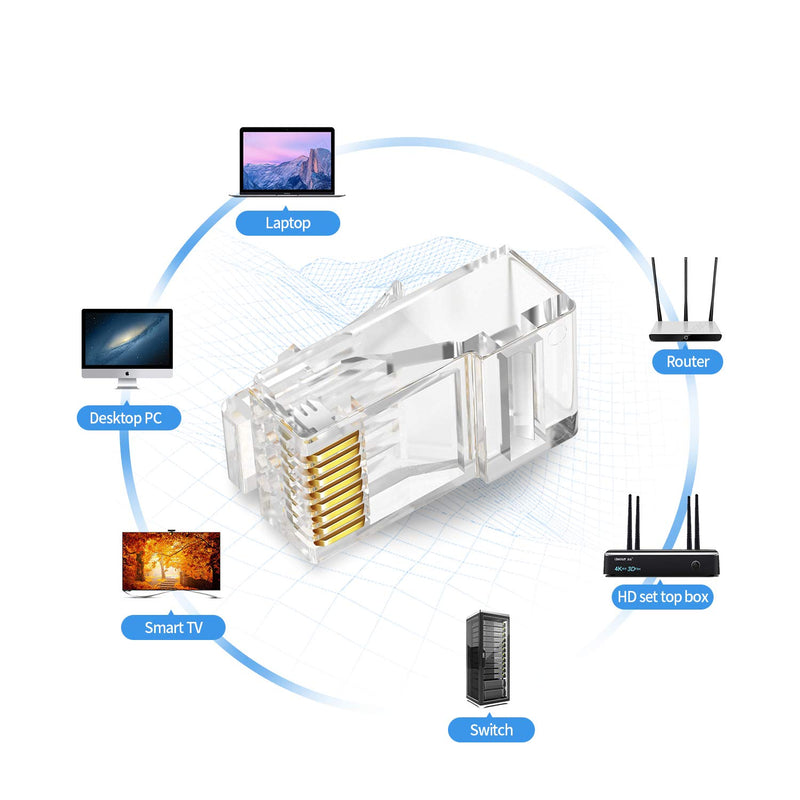 CAT6 RJ45 Connectors Ethernet End - Aucas Gold-Plated 8P8C UTP Network Plug for Solid Wire & Standard Cable Transparent Crimp Connector Cat6a Cable Insert (50-Pack) Cat6-UTP-1