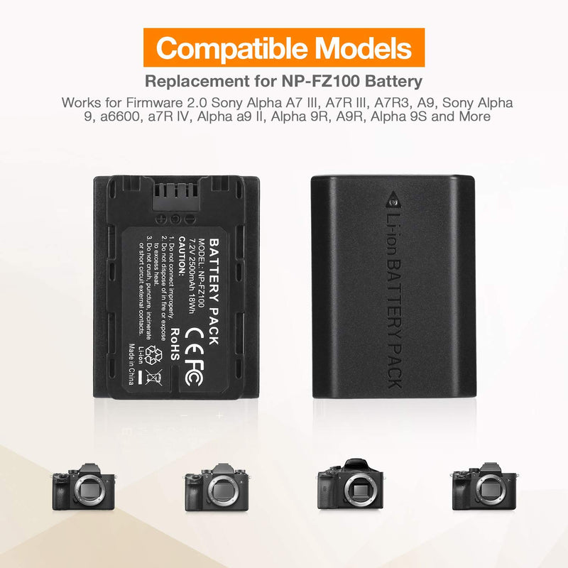 NP-FZ100 Battery, 2-Pack Replacement Battery and Dual USB Charger Set for Sony A7III, A7R III, A9, Sony Alpha 9, A7R3, A6600, A7R IV, Alpha a9 II, Alpha 9R, A9R, Alpha 9S (2500mAh)