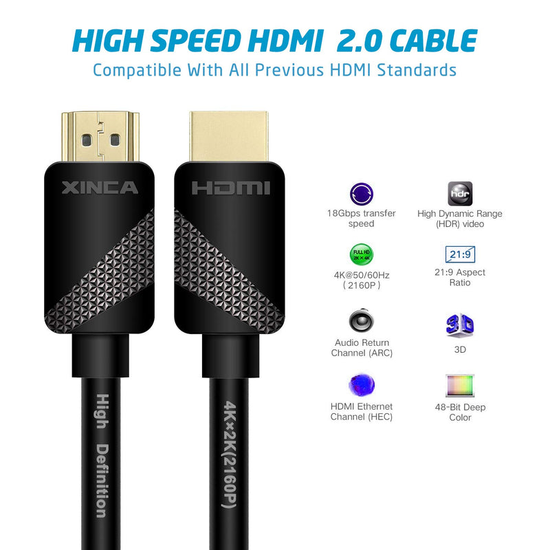 HDMI Cable 2.0 10ft, 4K@60Hz - 18Gbps - 4:4:4-28AWG HDR Cord, HDMI UHD Wire with Gold Connector Supports 3D, Ethernet&Audio Return， Compatible Xbox One, PS3&4, Blu-Ray -XINCA