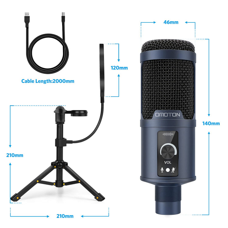 USB Podcast Microphone PC, OMOTON Mic Condenser Kit for Studio, Recording, YouTube, Streaming,PS5, Gaming, ASMR with Portable Tripod Stand and Pop Filter [Super Noise Reduction] [192kHz/24Bit] (Blue)