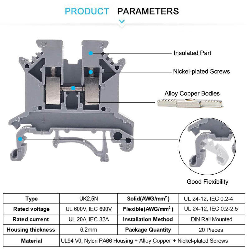 Erayco DIN Rail Terminal Blocks Kit, 20Pcs UK-2.5N 12 AWG Terminal Blocks, 2Pcs Ground Blocks, 2Pcs Fixed Bridge Jumpers, 4Pcs End Brackets, 4Pcs End Covers, 4Pcs Marker Strip, 1Pcs 8" Aluminum Rail