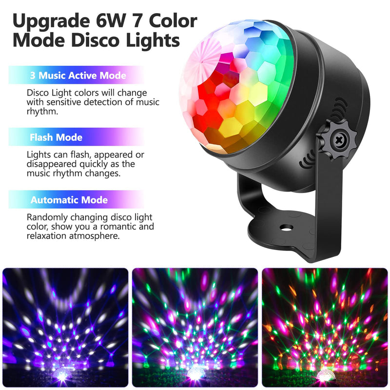 Litake Disco Lights,Latest 6-Color LEDs DJ Party Disco Ball Lights 6W 7 Colour Patterns Sound Activated Remote Control Stage Strobe Light for Party Bar Club Festival Wedding Show Home-2 Pack