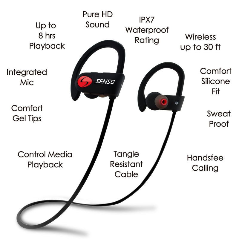 SENSO Bluetooth Headphones, Best Wireless Sports Earphones w/Mic IPX7 Waterproof HD Stereo Sweatproof Earbuds for Gym Running Workout 8 Hour Battery Noise Cancelling Headsets