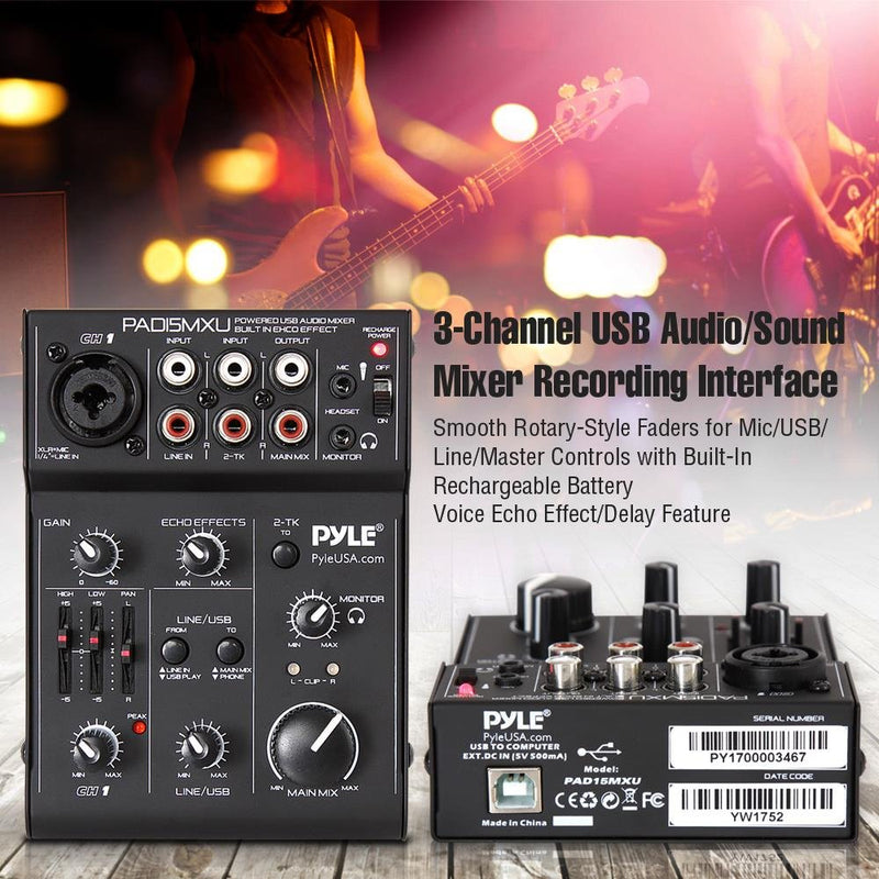 Pyle USB Audio Mixer DJ Controller - 3 Channel USB Mixer Sound Audio Recording Interface with XLR and 3.5 mm Microphone Jack-PAD15MXU