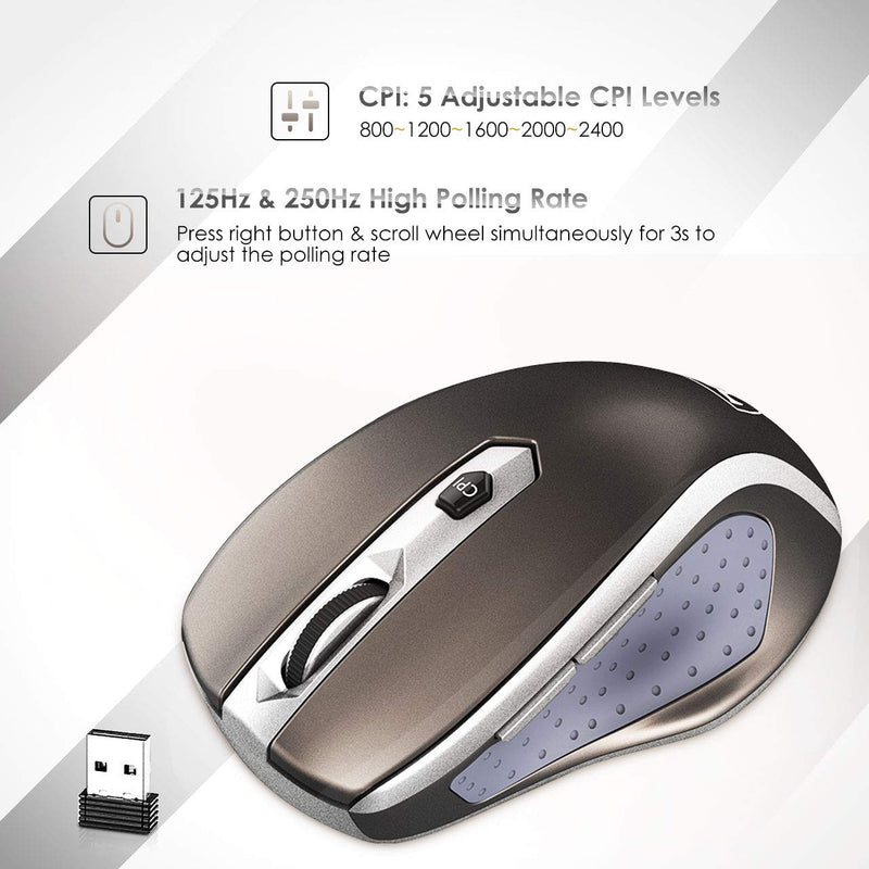 POLEYN Computer Mouse Wireless, Ergonomic Laptop Mouse 2.4G and 5 Adjustable Levels, 6 Button Cordless Mouse Wireless Mice for Windows Mac PC Notebook Grey