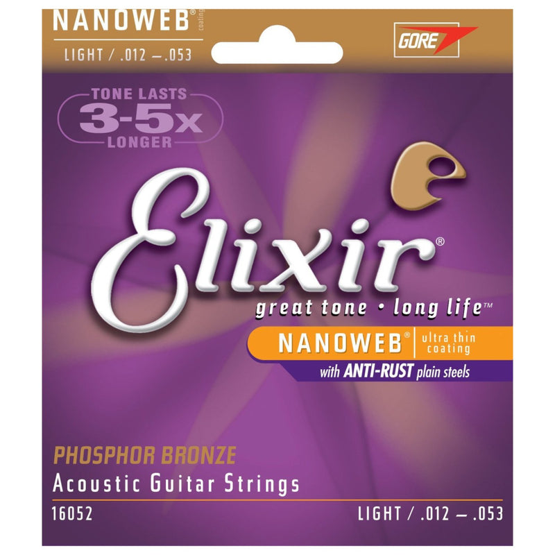 3 Sets of Elixir 11052 Light Acoustic Strings (12-53) (Nanoweb)
