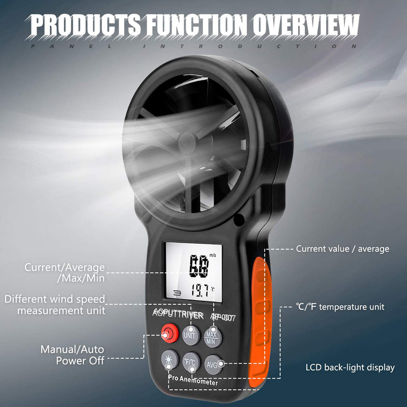 Anemometer Handheld, Portable Anemometer，Velometer, Anemometer for HVAC with Wind Speed, Temperature（℃/℉）and Backlit Air Flow Meter for Shooting, Surfing, HVAC Duct-AP-007