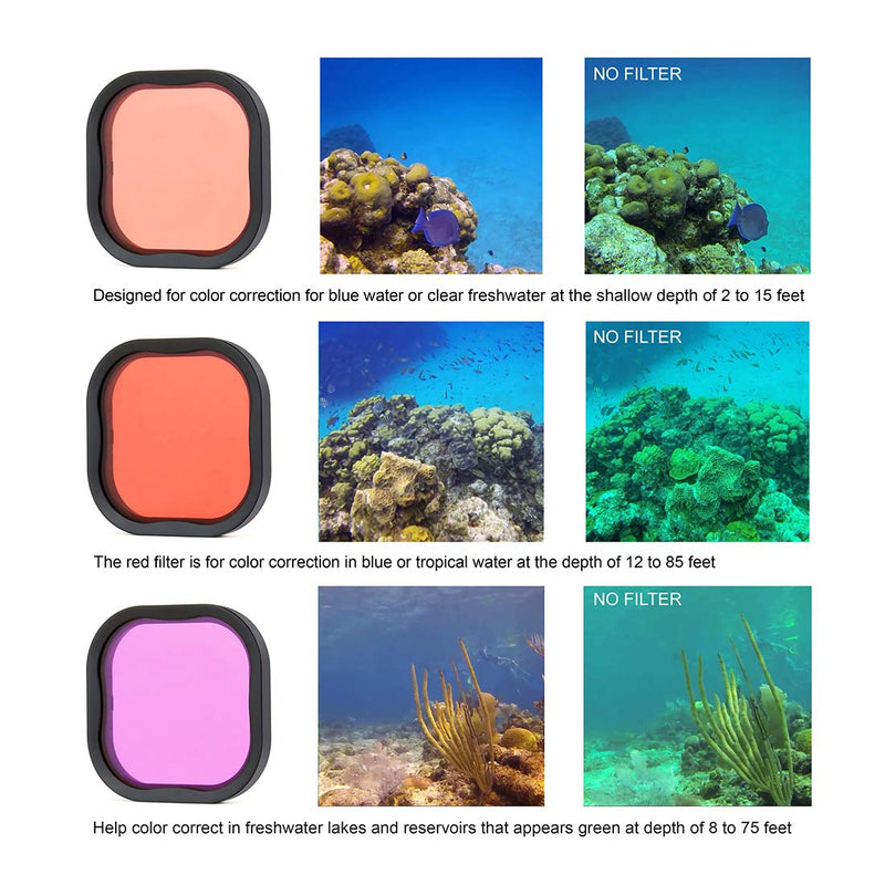 SOONSUN 3-Pack Dive Filter for GoPro Hero 8 9 10 Black Official Waterproof Housing Case - Red, Light Red and Magenta Filters - Enhances Colors for Various Underwater Video and Photography Conditions 3-Pack Filters for Hero 8 9 Housing