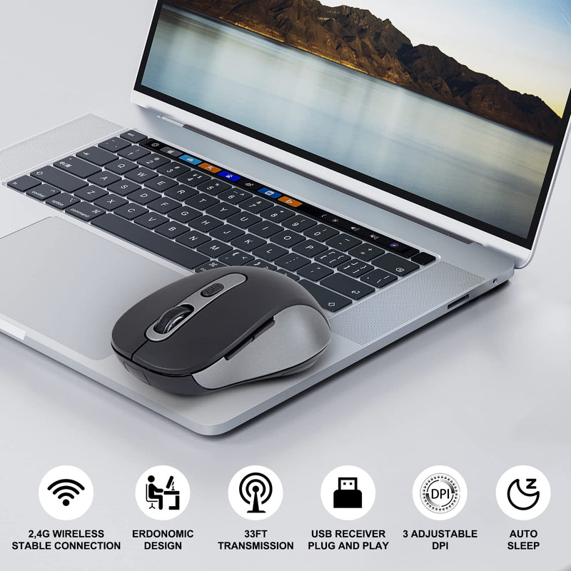 Wireless Mouse for Laptop, PC, Chromebook, Mac, MacBook, Silent Wireless Mouse with USB Nano Receiver, Side Button, 2400 DPI, Anti Slip Roller, 6 Button Ergonomics Cordless Computer Mice - Black Gray AT258-Black & Grey