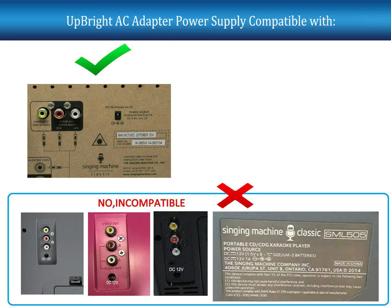 UpBright 5.8V AC/DC Adapter Compatible with Singing Machine SML-385 SML385 SML385W SML385BTW SML385BTBK SML385UBK IN-385W SML625BTBK CD G Player BT Karaoke GKYPS0200058US1 Power Supply (NOT for 12V)