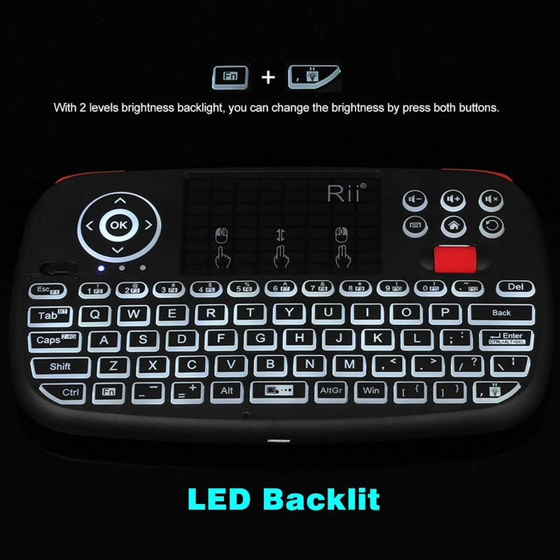 (Upgrade) Rii i4 Mini Bluetooth Keyboard with Touchpad, Blacklit Portable Wireless Keyboard with 2.4G USB Dongle for Smartphones, PC, Tablet, Laptop TV Box iOS Android Windows Mac.Black Newest Version i4 BT+2.4G