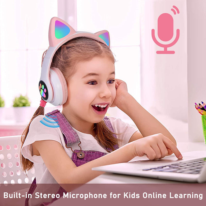 Kids Headphones, TOKANI Bluetooth Wireless Headphones for Kids Teens Adults, Over-Ear Bluetooth Headphones with Microphone, Cat Ear Headphones for Girls Women (Pink)