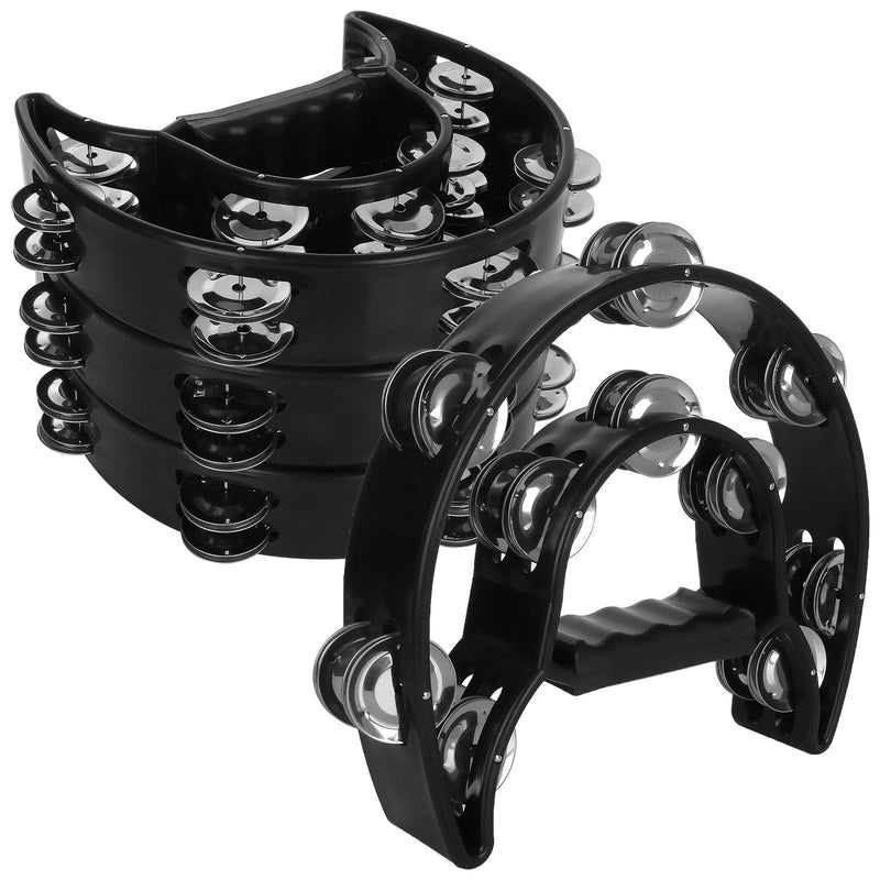 4 Pack 10" Half Moon Musical Tambourine Black Metal Jingles Hand Held Percussion Drum - Double Row, Plastic Musical Percussion Tambourines for Party Bar KTV Bands Musicians