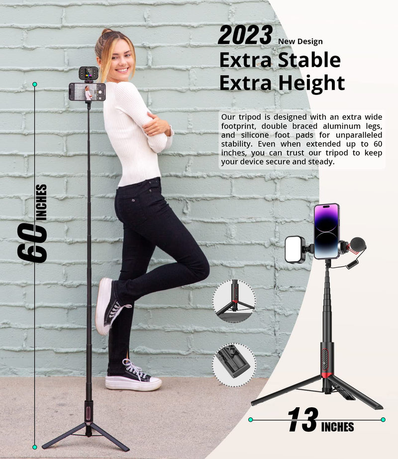 [AUSTRALIA] - KraftGeek Tripod for Phone Selfie Stick Tripod with Remote for iPhone, Android Phones with 2 Cold Shoes for Light and Microphone(not Included), Extendable to 5 Feet, Made of Aluminum Black & Red 
