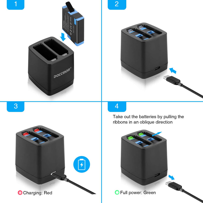 DOTTMON Hero 8/7/6 1220mAh Replacement Batteries(2-Pack) and Dual USB Storage Charger for GoPro Hero 8 Black, GoPro Hero 7 Black, GoPro Hero 6 Black Batteries