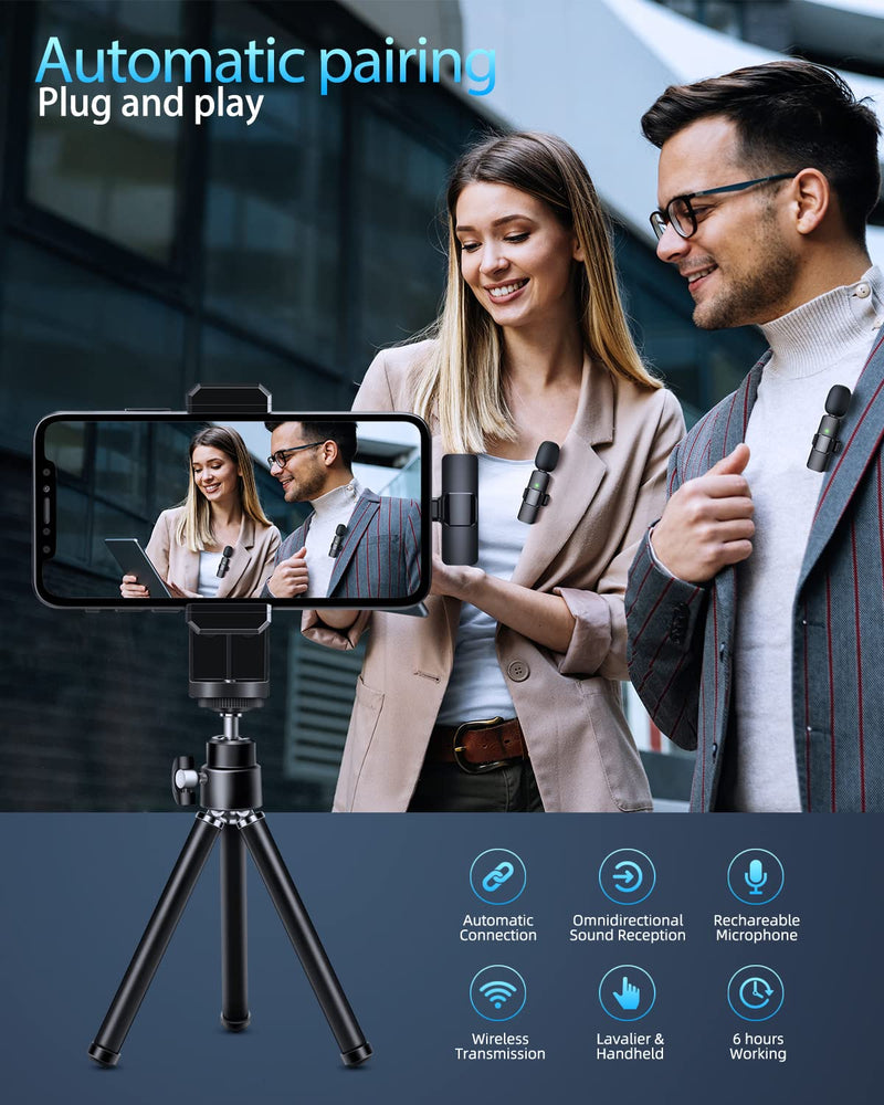 PQRQP Wireless Microphone for iPhone iPad, Clip Mic, Lavalier Microphone, Microphones, Plug-Play Video Recording, Live Stream, YouTube, TikTok Black