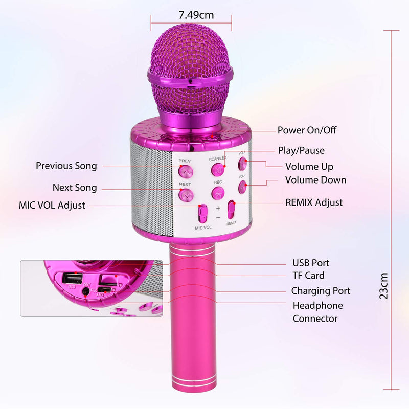 Fede Wireless Karaoke Bluetooth Microphone, Portable Handheld Karaoke Mic Speaker Machine with LED Lights, Best Gifts Toys for Kids, Girls, Boys and Adults Pink